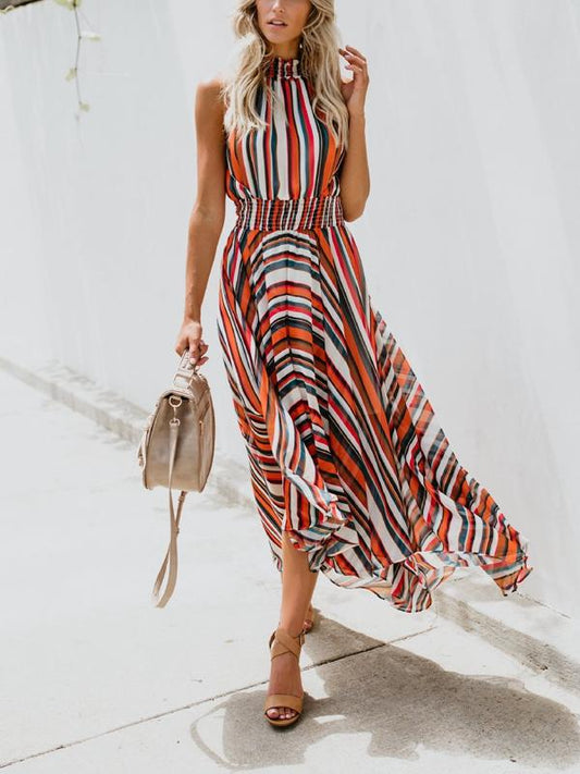 Sleeveless Rainbow Striped Print Dress