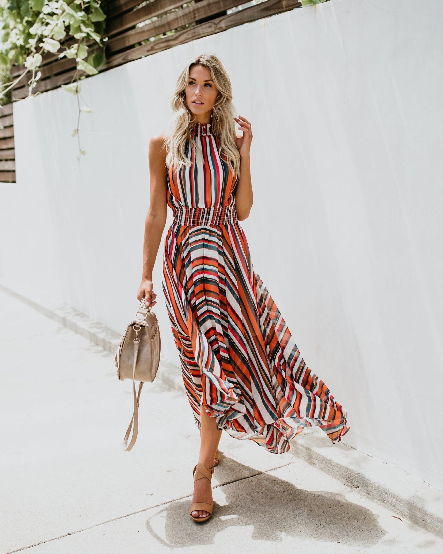 Sleeveless Rainbow Striped Print Dress