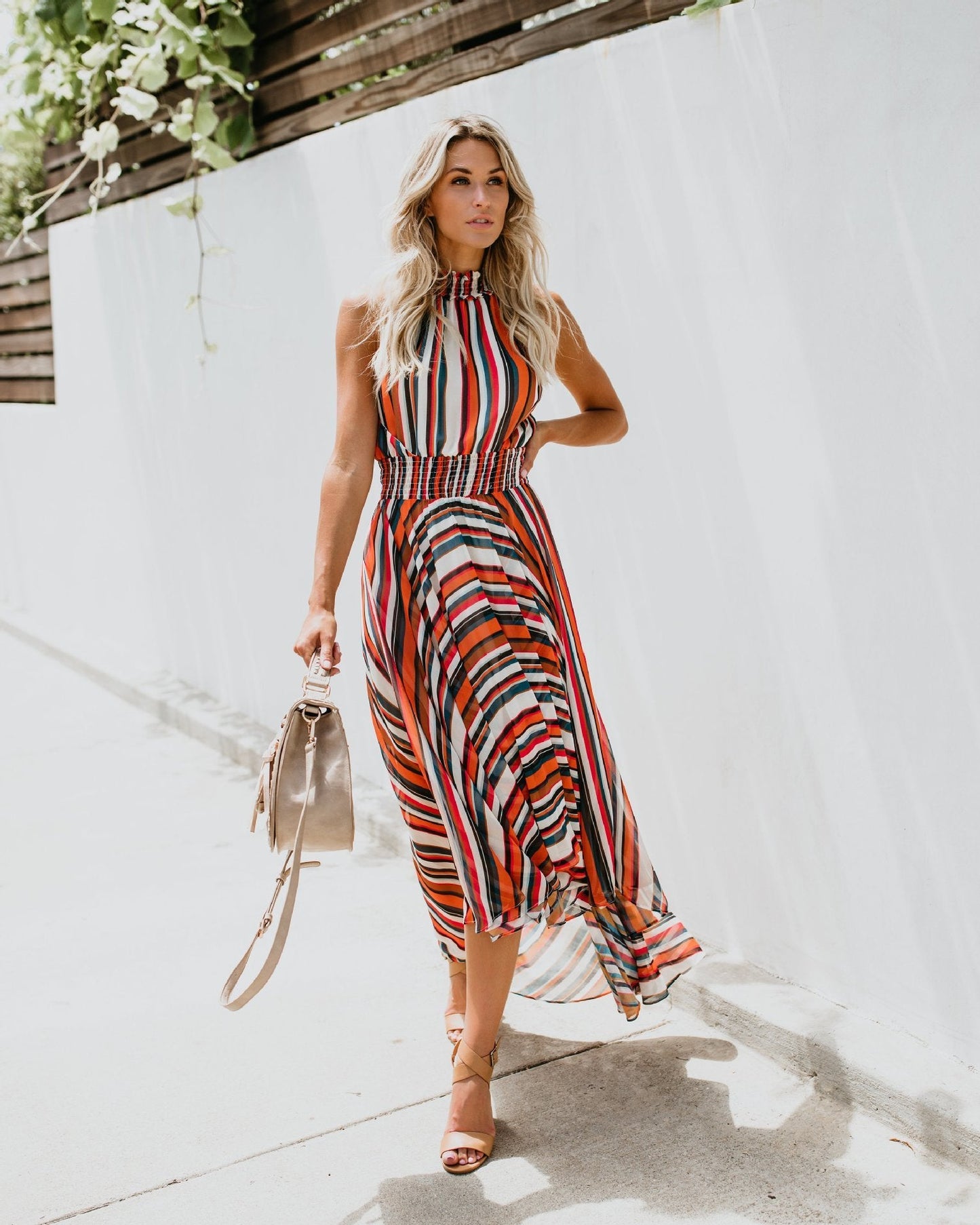 Sleeveless Rainbow Striped Print Dress