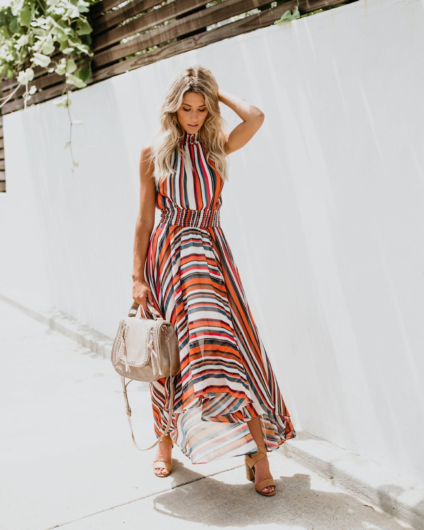 Sleeveless Rainbow Striped Print Dress