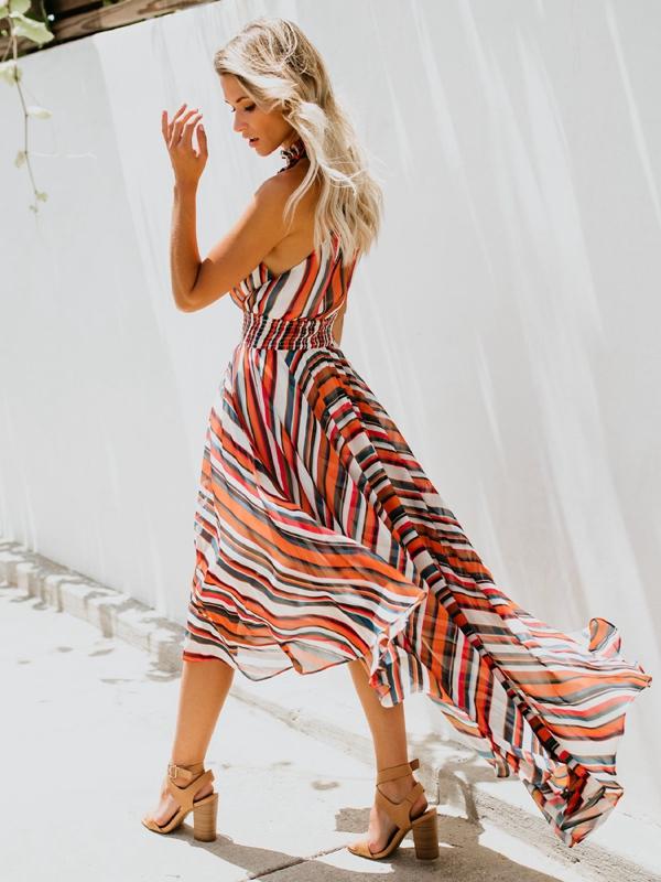 Sleeveless Rainbow Striped Print Dress