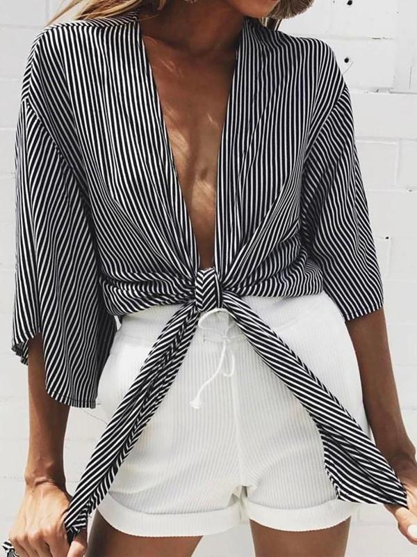 Striped V-neck Strap Cardigan Short Sleeve Top