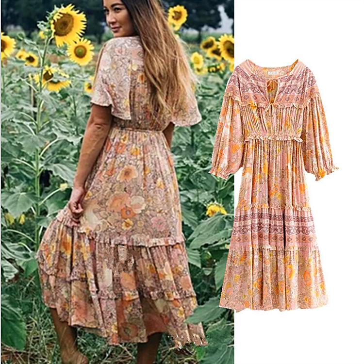 Lace-up Boho Print Long Dress