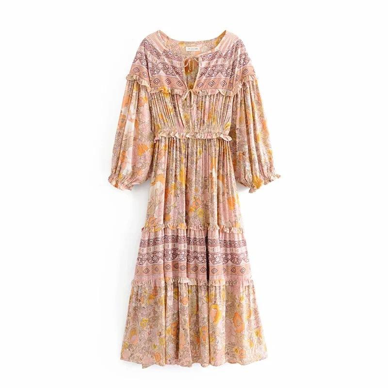 Lace-up Boho Print Long Dress