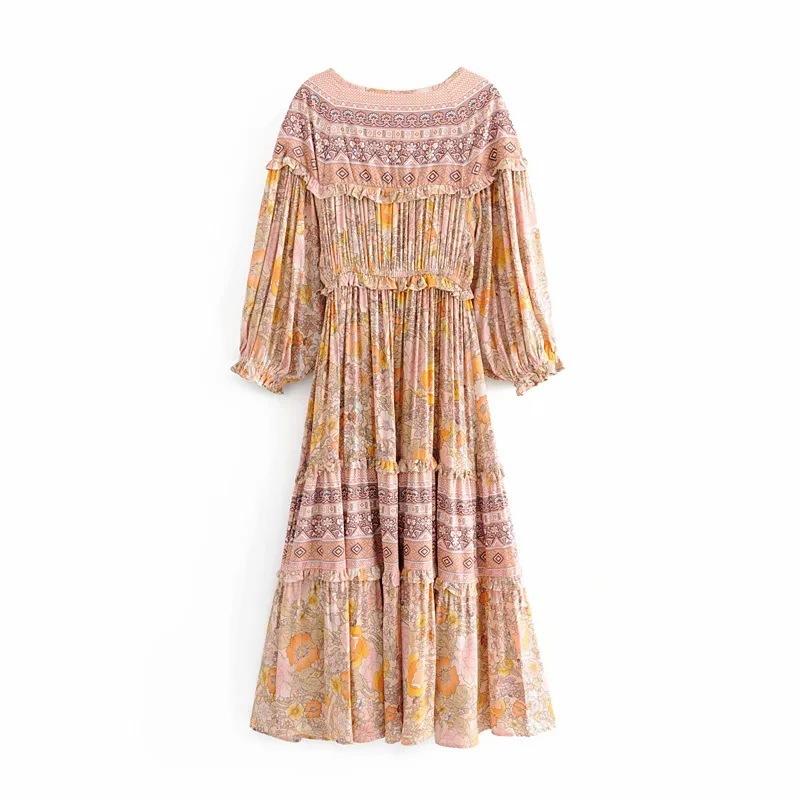 Lace-up Boho Print Long Dress