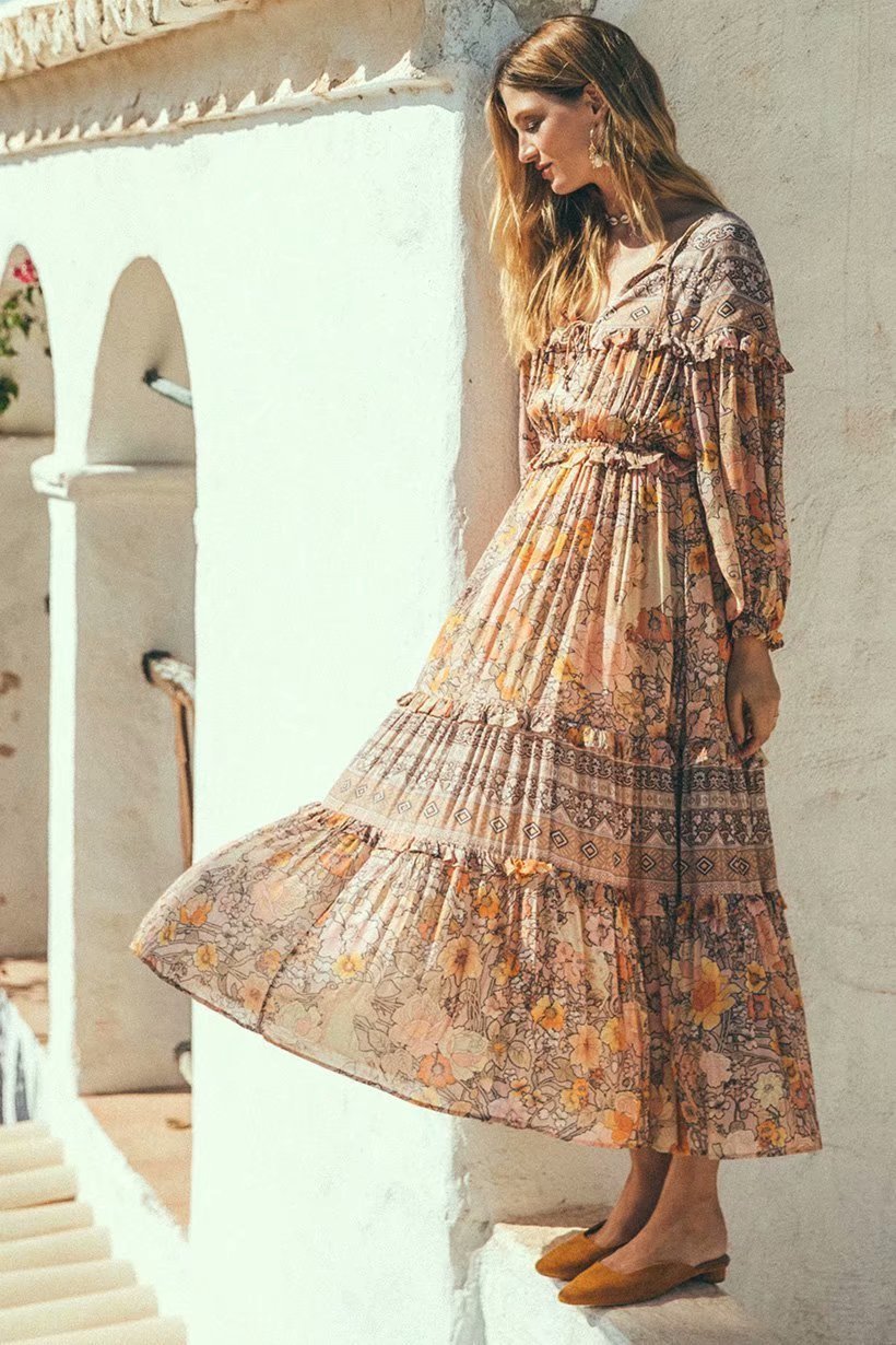 Lace-up Boho Print Long Dress