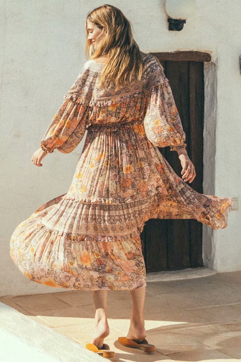 Lace-up Boho Print Long Dress