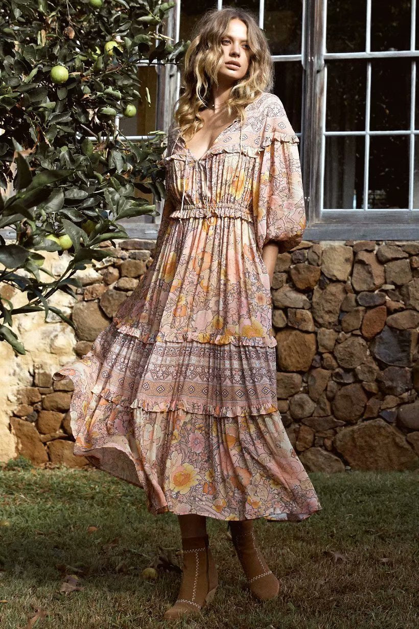 Lace-up Boho Print Long Dress