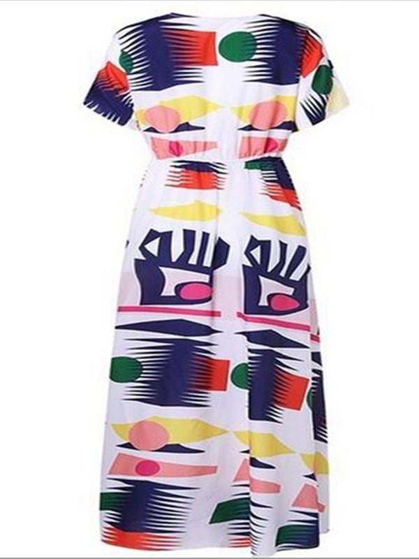 Printed Short-sleeved V-neck European and American Casual Long Dress