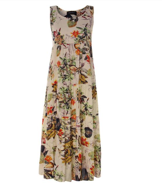 Vintage Floral Print Sleeveless Crew Neck Long Dress