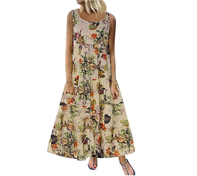 Vintage Floral Print Sleeveless Crew Neck Long Dress