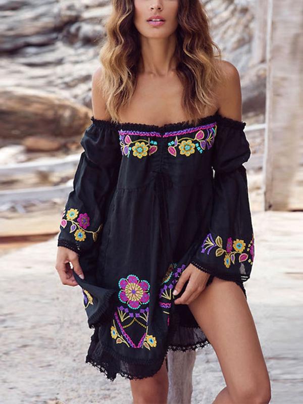 Embroidered Word Shoulder Lace Stitching Trumpet Sleeve Bohemian Holiday Dress