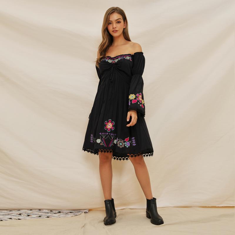 Embroidered Word Shoulder Lace Stitching Trumpet Sleeve Bohemian Holiday Dress