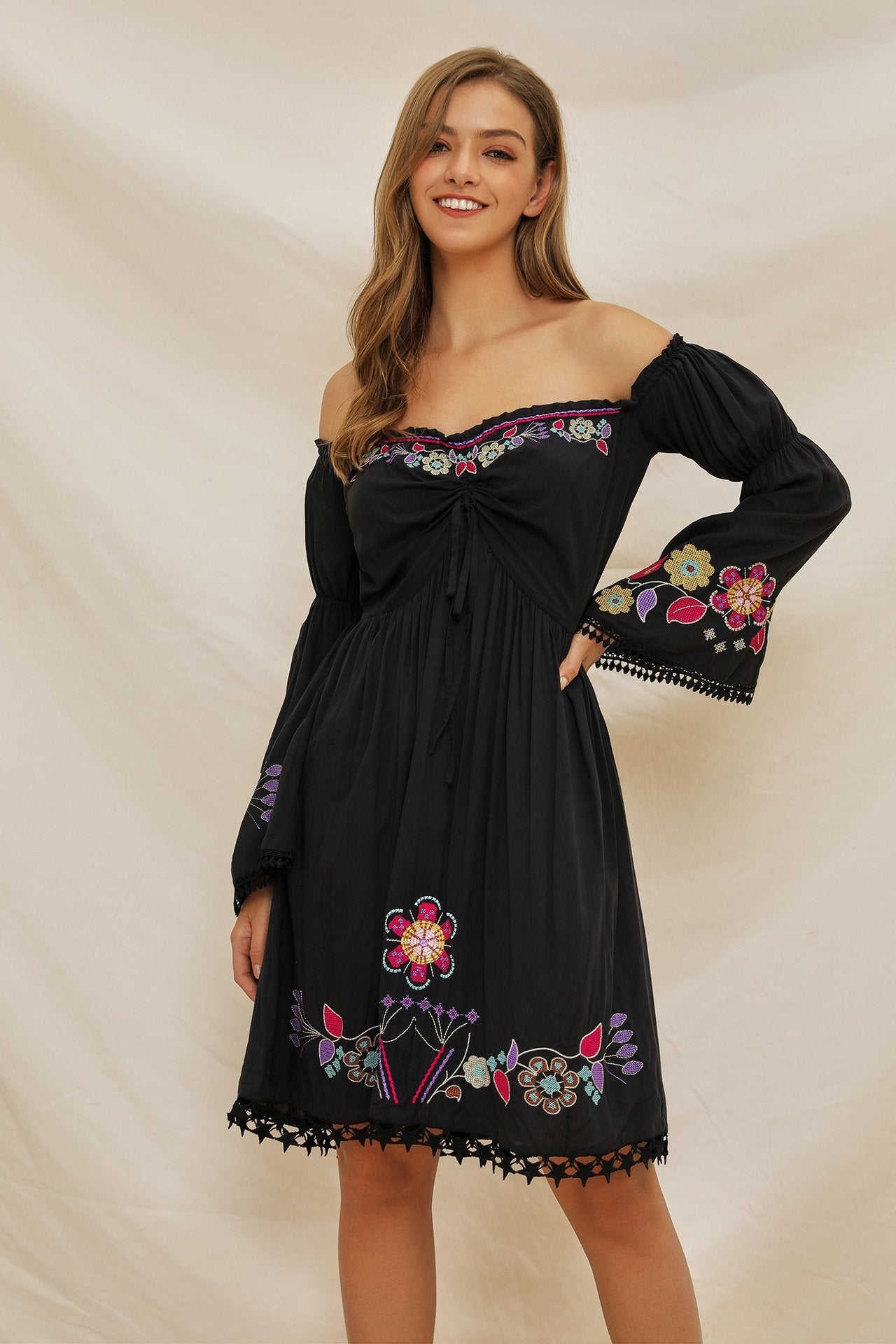 Embroidered Word Shoulder Lace Stitching Trumpet Sleeve Bohemian Holiday Dress