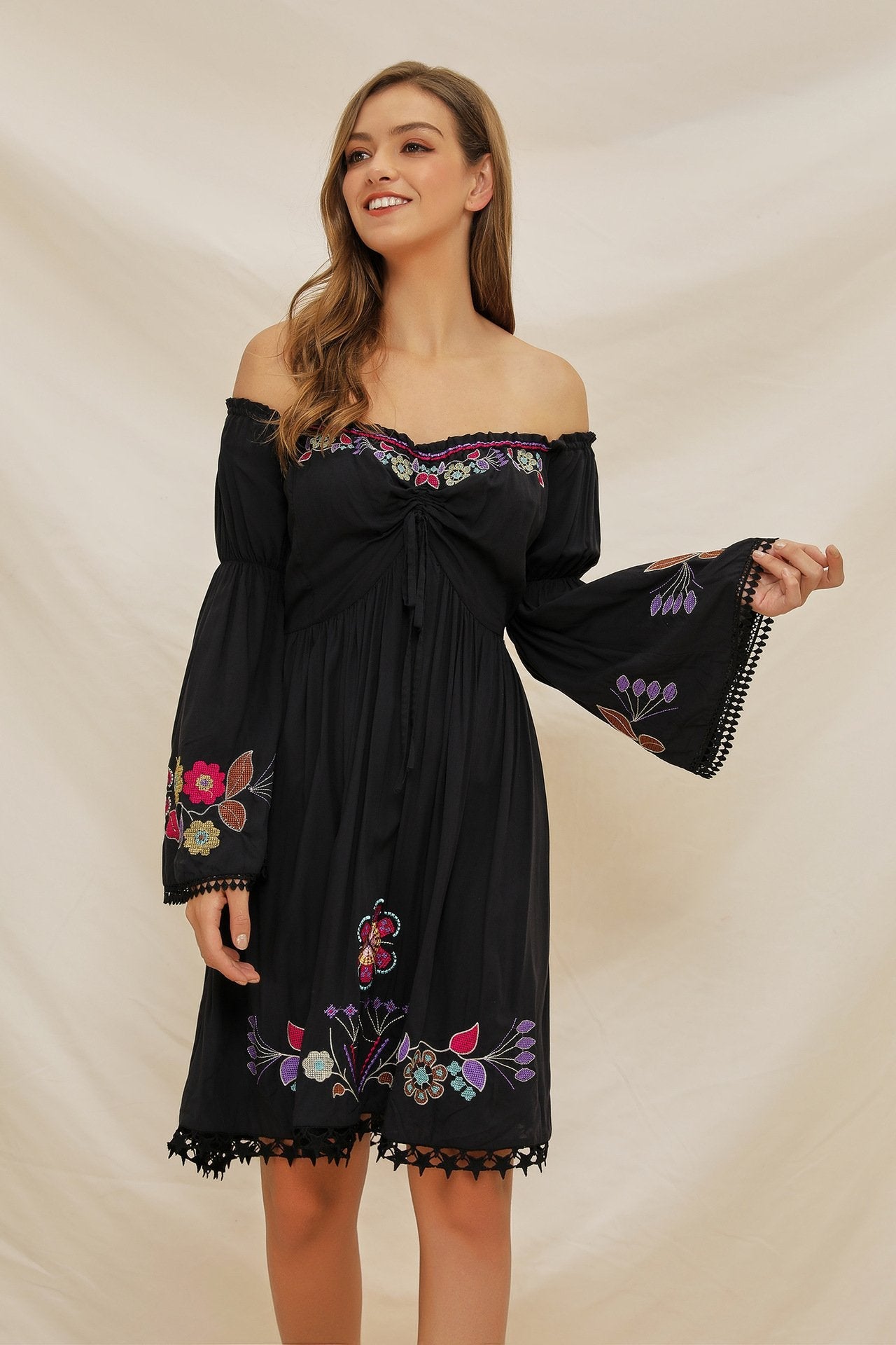 Embroidered Word Shoulder Lace Stitching Trumpet Sleeve Bohemian Holiday Dress