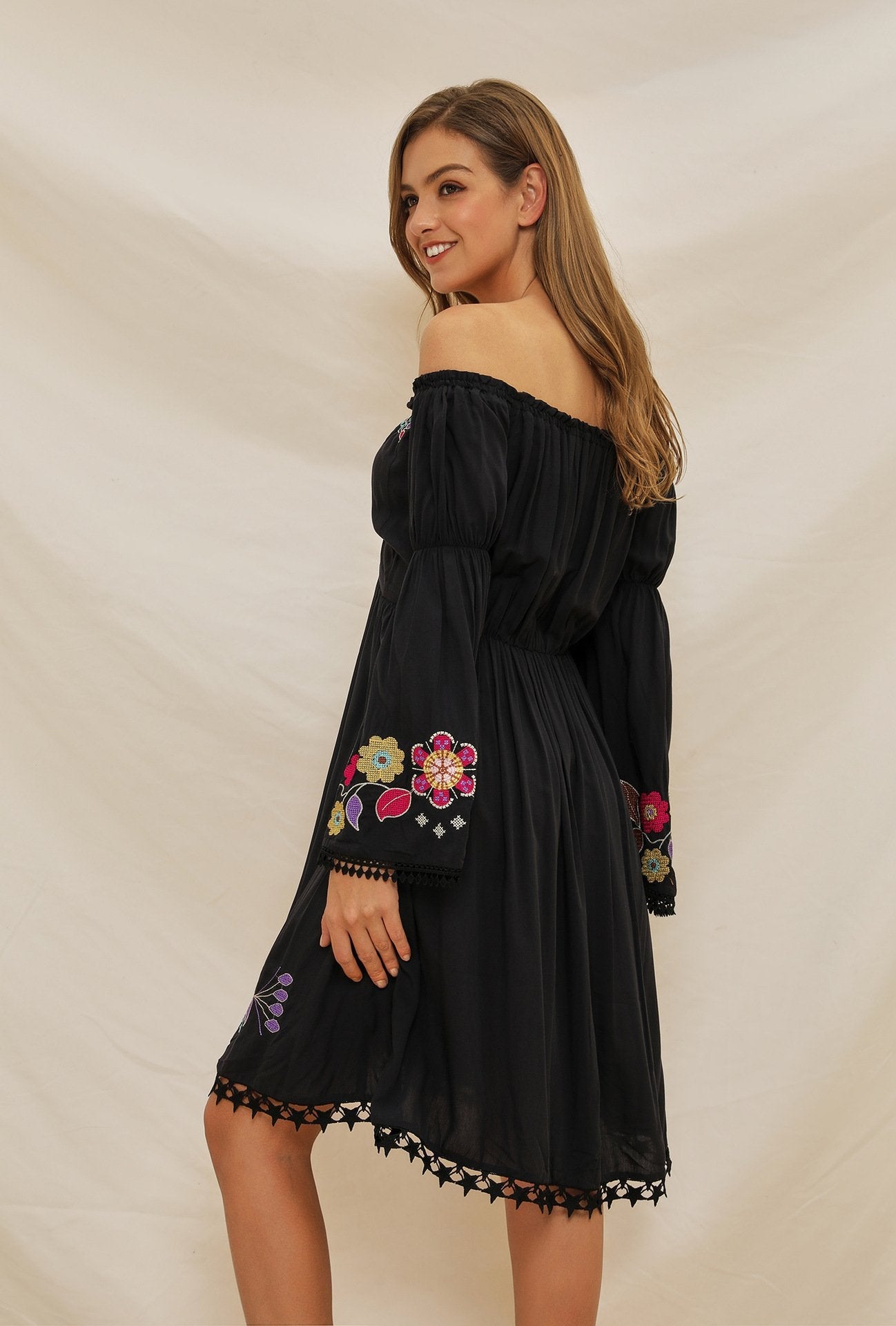 Embroidered Word Shoulder Lace Stitching Trumpet Sleeve Bohemian Holiday Dress