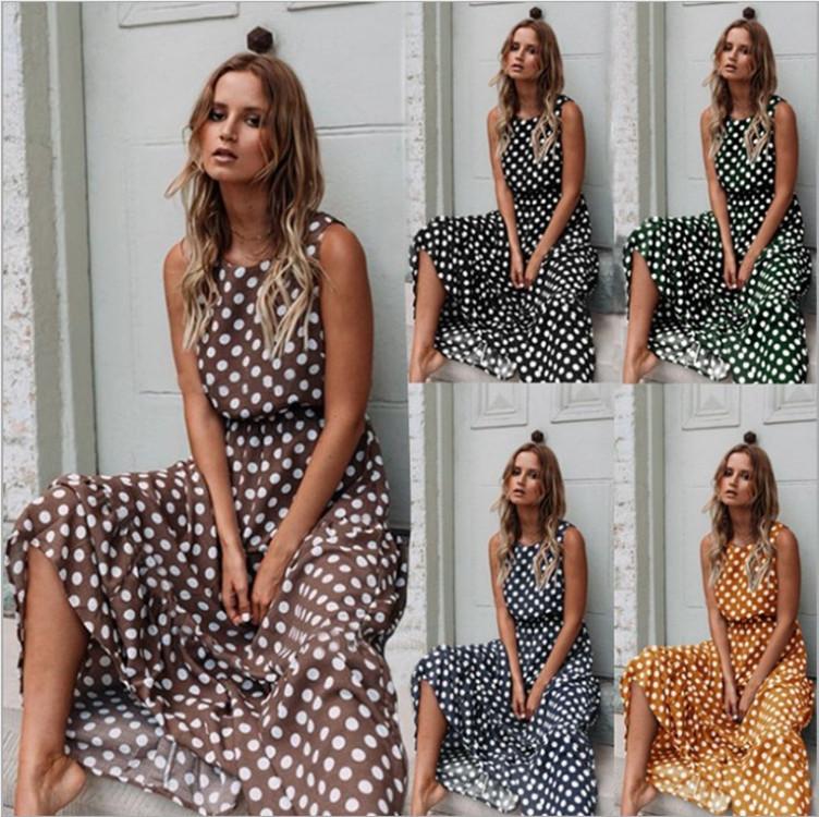 Fashion Printed Wave Point Round Neck Long Dress