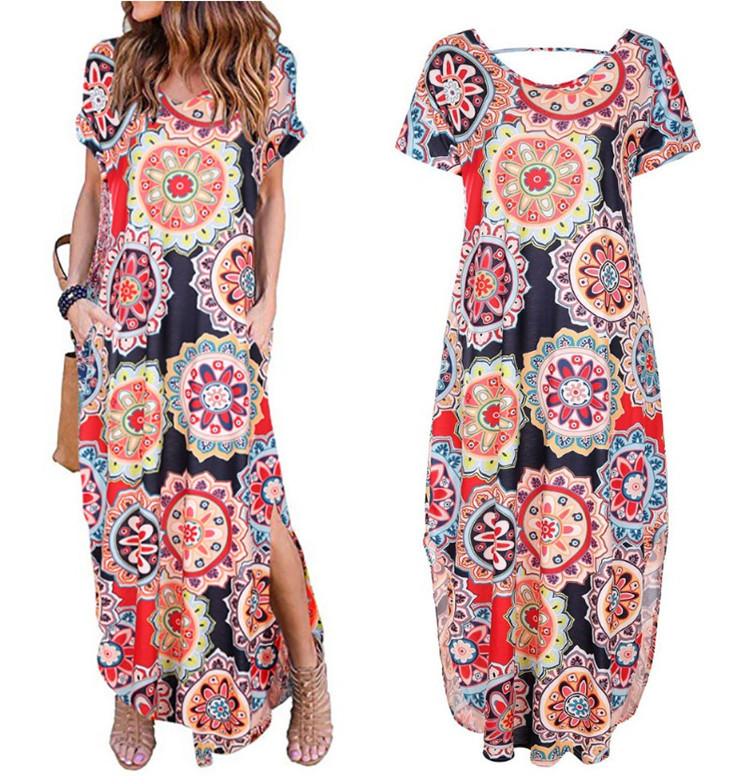 Printed Short Sleeve Pullover V-neck Knit Casual Long Dress-1