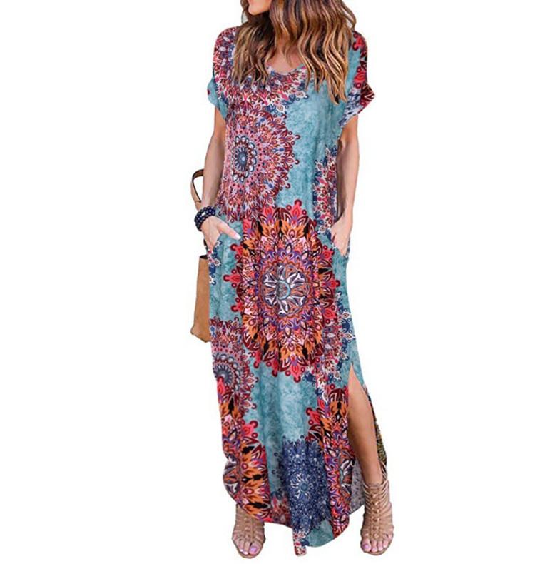 Printed Short Sleeve Pullover V-neck Knit Casual Long Dress-1