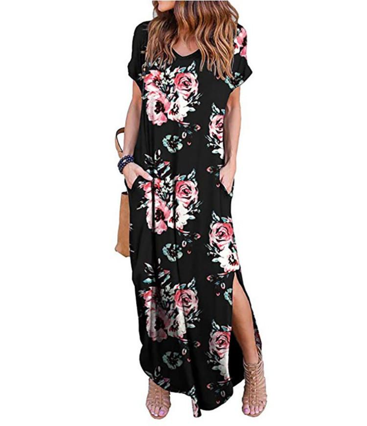 Printed Short Sleeve Pullover V-neck Knit Casual Long Dress-1