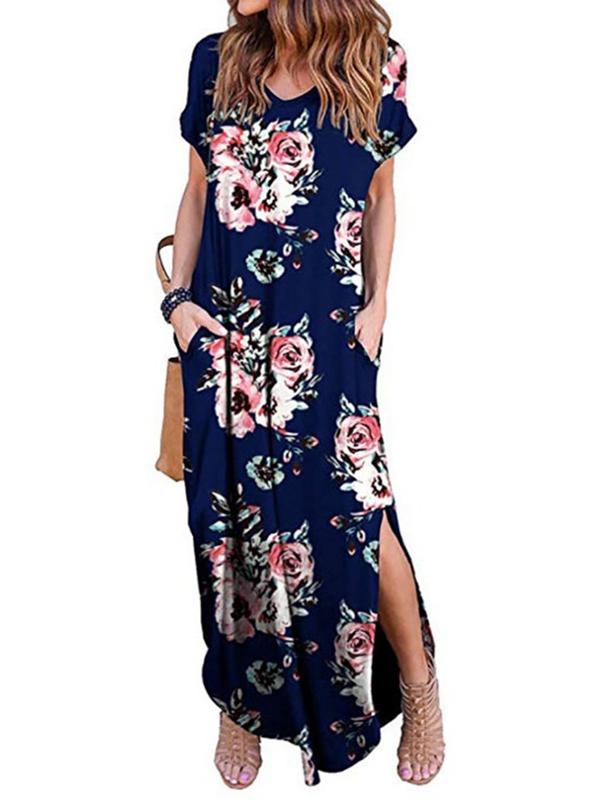 Printed Short Sleeve Pullover V-neck Knit Casual Long Dress-1