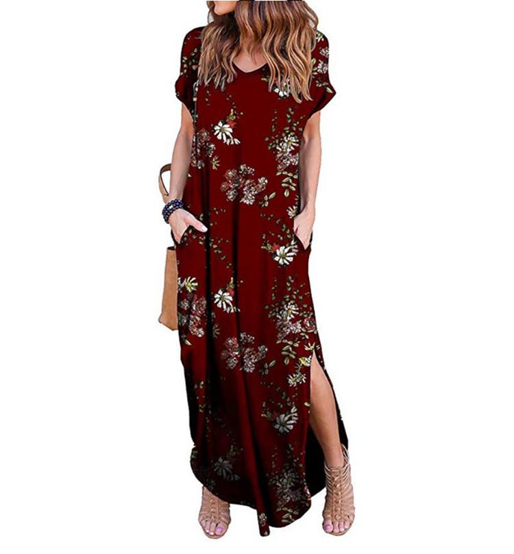 Printed Short Sleeve Pullover V-neck Knit Casual Long Dress-2