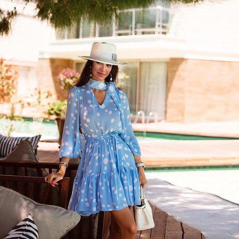 Polka Dot Print Stitching Blue Mini Dress