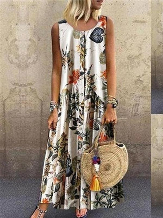 Plant Print Casual Sleeveless Long Dress