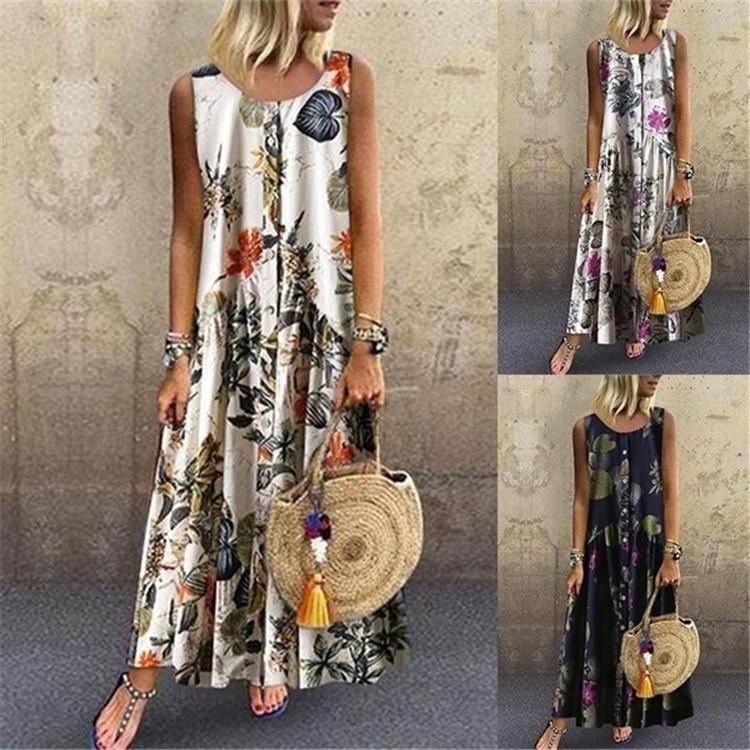 Plant Print Casual Sleeveless Long Dress