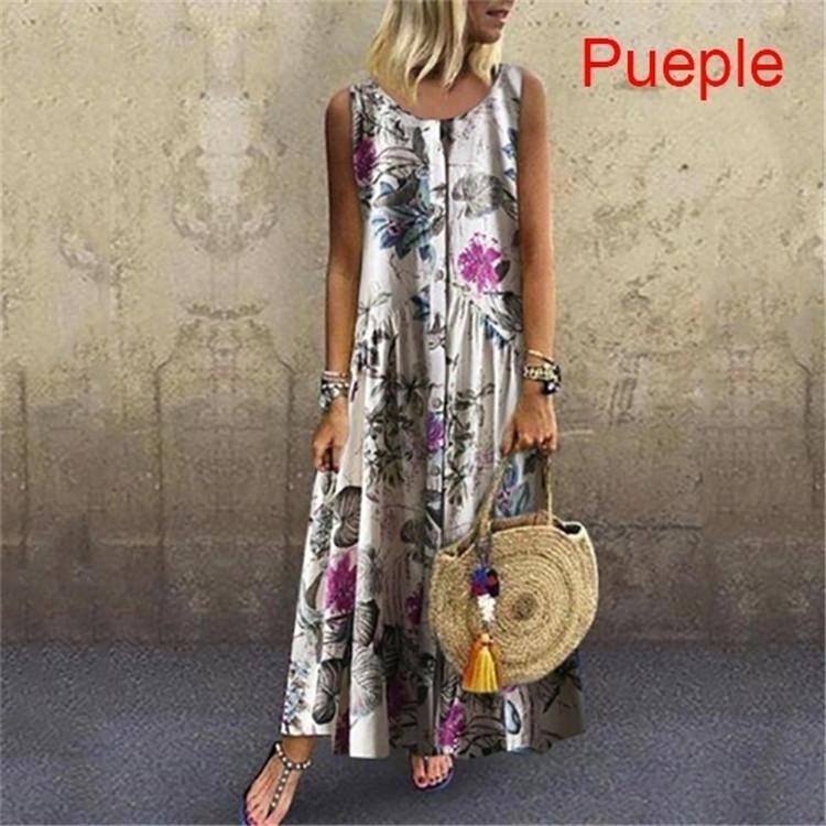 Plant Print Casual Sleeveless Long Dress