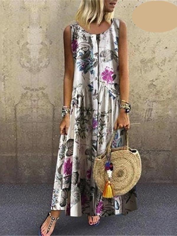 Plant Print Casual Sleeveless Long Dress