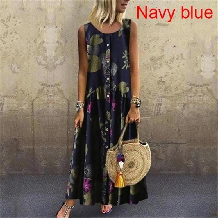 Plant Print Casual Sleeveless Long Dress