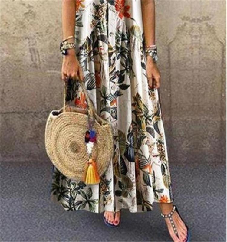 Plant Print Casual Sleeveless Long Dress