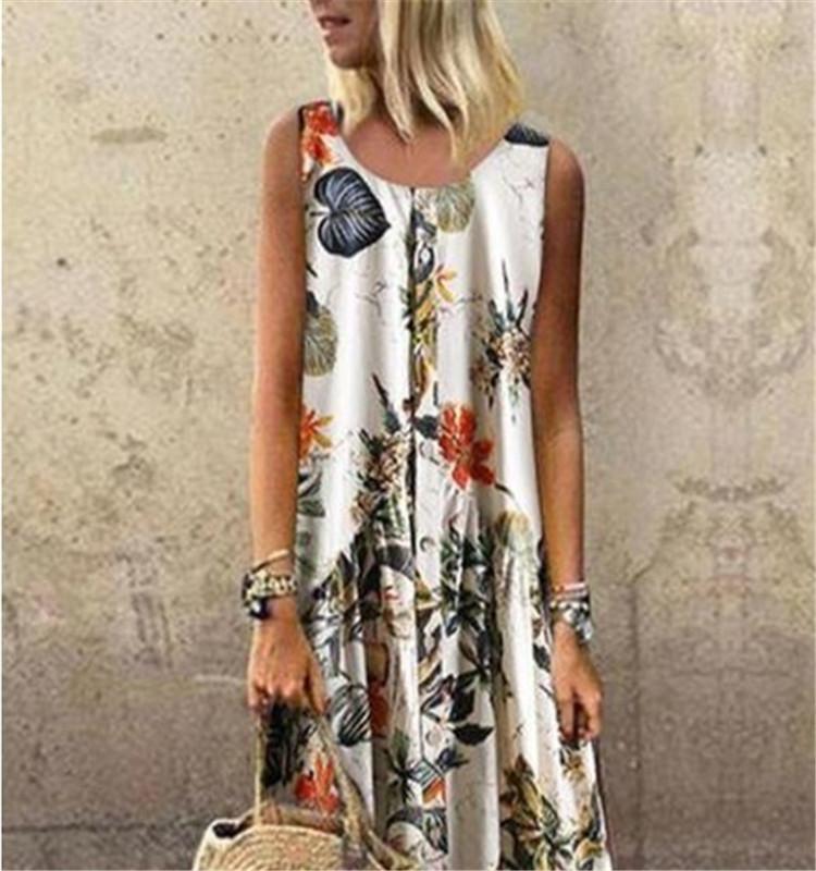 Plant Print Casual Sleeveless Long Dress