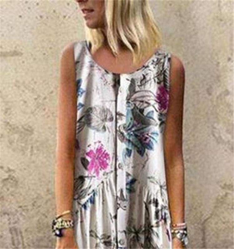 Plant Print Casual Sleeveless Long Dress