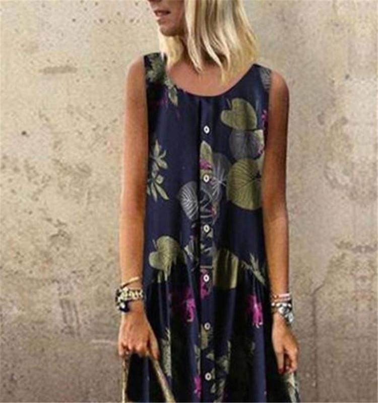 Plant Print Casual Sleeveless Long Dress