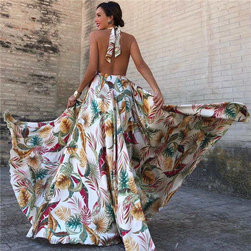 Sexy Sleeveless Printed Lace Halter Long Dress