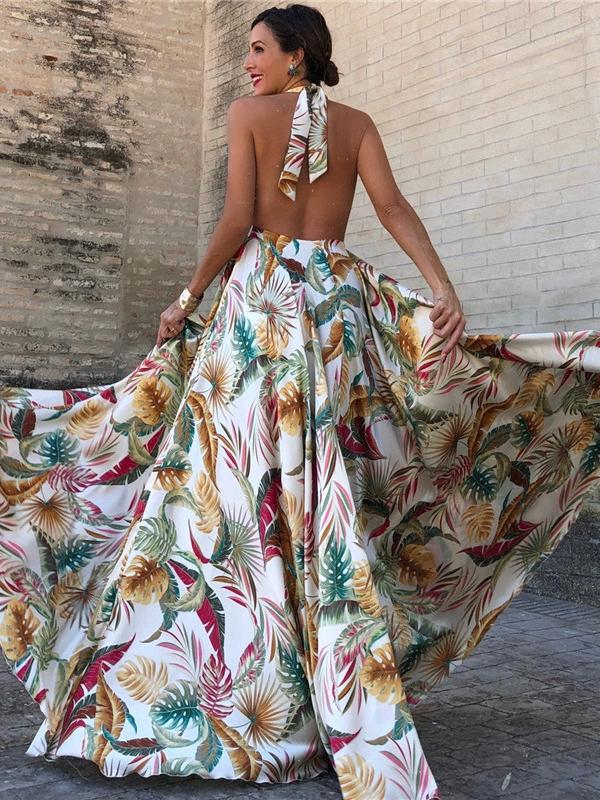 Sexy Sleeveless Printed Lace Halter Long Dress