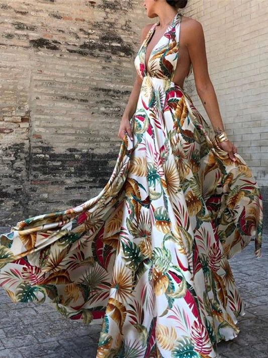 Sexy Sleeveless Printed Lace Halter Long Dress