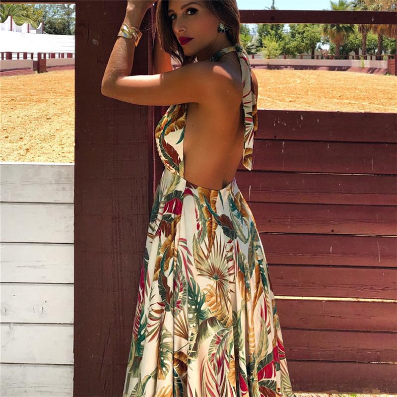 Sexy Sleeveless Printed Lace Halter Long Dress