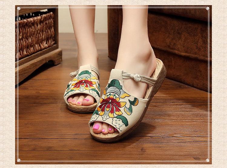 Ethnic Style Wedge with Non-slip Fish Mouth Type Embroidered Sandals and Slippers