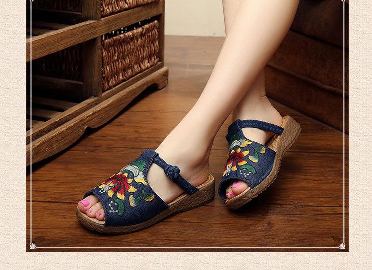 Ethnic Style Wedge with Non-slip Fish Mouth Type Embroidered Sandals and Slippers