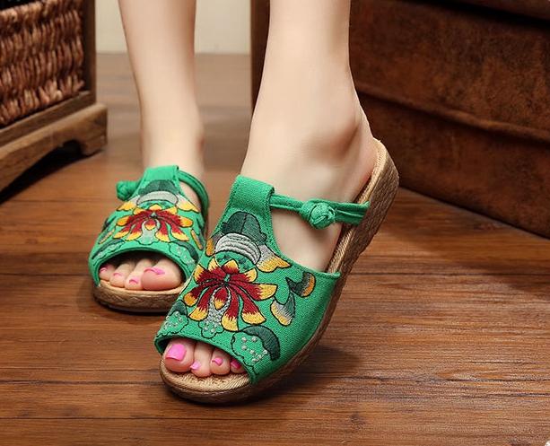 Ethnic Style Wedge with Non-slip Fish Mouth Type Embroidered Sandals and Slippers