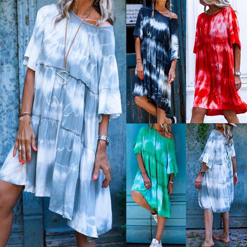 Round Collar Middle Sleeve Tie-dyed Loose Dress