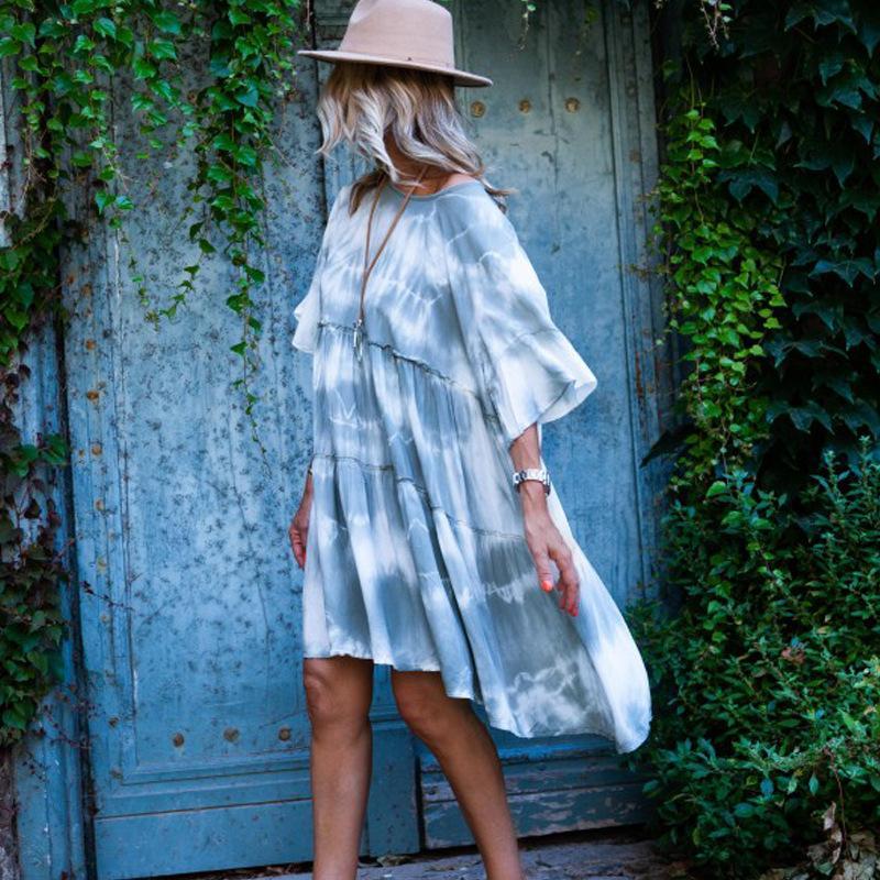 Round Collar Middle Sleeve Tie-dyed Loose Dress