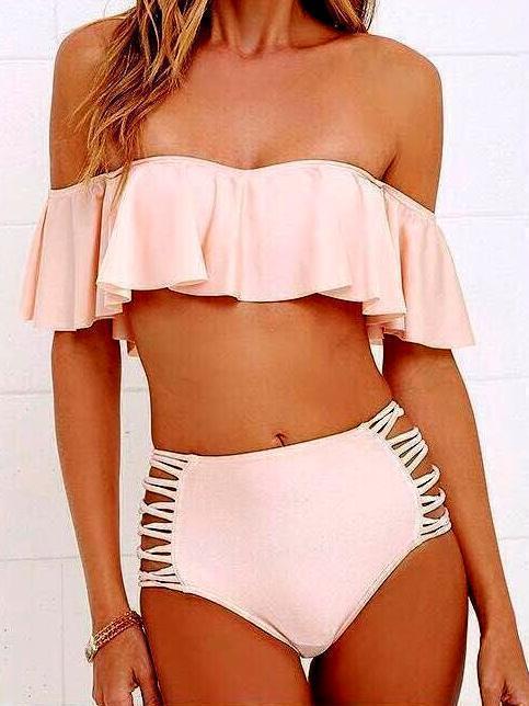 Multicolor Sexy Shoulderless Ruffled Split Bikini