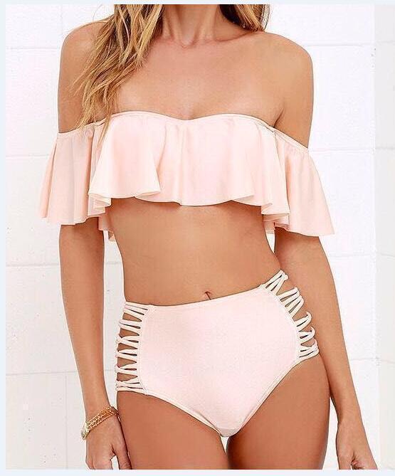 Multicolor Sexy Shoulderless Ruffled Split Bikini