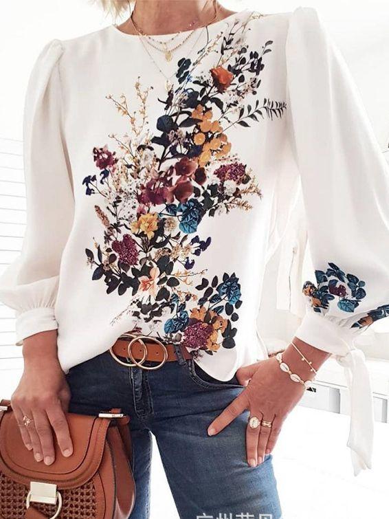 Women Long Sleeve Lantern Sleeve Print Top