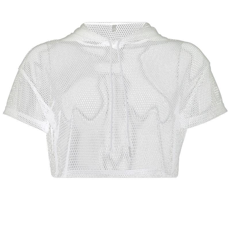 Openwork Umbilical Mesh Hooded Blouse