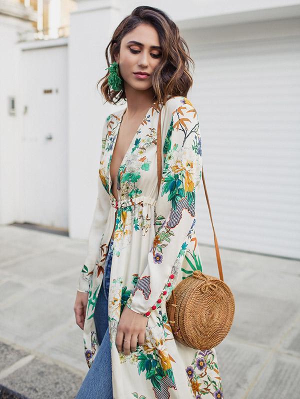 Sexy Boho Deep V Neck Floral Printed Long Sleeves Dress